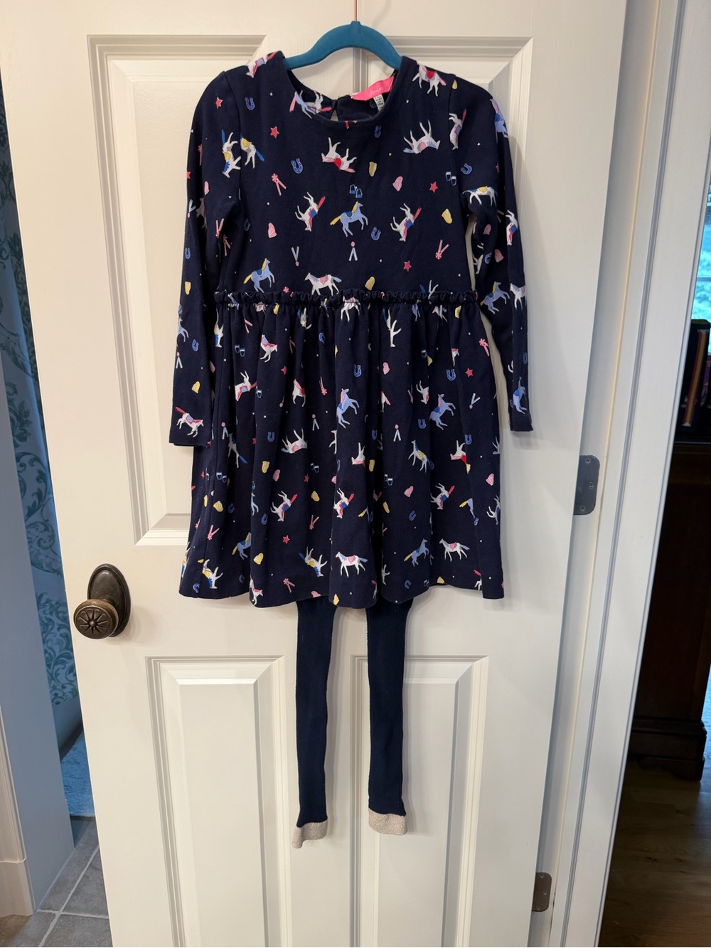Joules Navy Horse Print Long Sleeve Dress with Pink Tag& Boden Footless Tights